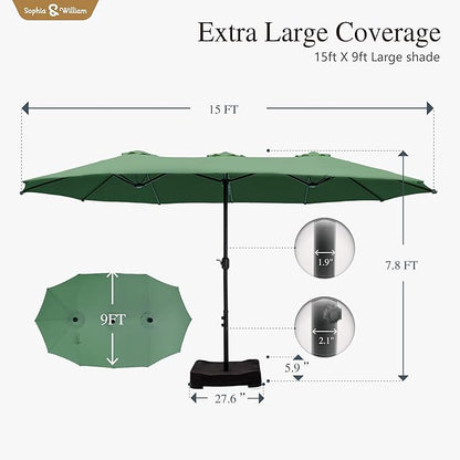 Sophia & William 15 ft Extra Large Patio Umbrella with Base Included, Rectangular Outdoor Umbrella Heavy Duty, Market Umbrella Double-sided Fade Resistant for Pool Garden Backyard, Mint