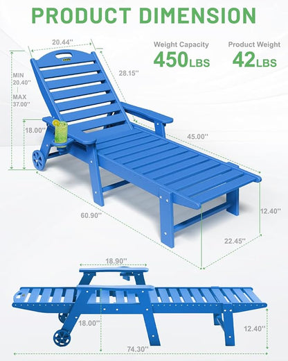 Lounge Chair Outdoor, Patio Chaise Lounge, HDPE 6-Position Outdoor Chaise Lounge, Patio Lounge Chair with Wheels & Cup Holder for Pool Poolside Deck Backyard, Navy Blue