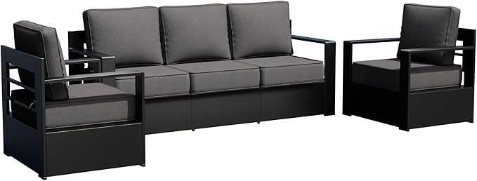 Outdoor Patio Furniture Set, 3-Piece Aluminum Patio Conversation Set All-Weather Metal Outdoor Sectional with 6 Inch Thick Cushions, Deep Setting for Garden, Outside and Porch