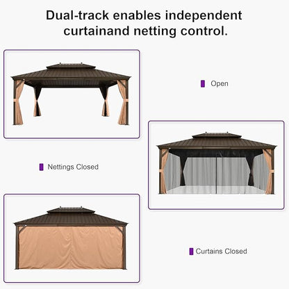 PURPLE LEAF 13' X 17' Outdoor Hardtop Gazebo Patio Wide Aluminum Frame Galvanized Steel Double Roof with Heavy Duty Netting and Curtains for Permanent Hard Top Pavilion Screen Khaki