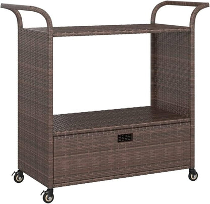Outdoor Rolling Wicker Bar Cart with Drawer, Portable Bar Cart with Wheels, Patio Kitchen Island Cart for Pool Deck Backyard, Brown 39.4"x17.7"x38.2" Poly Rattan -459