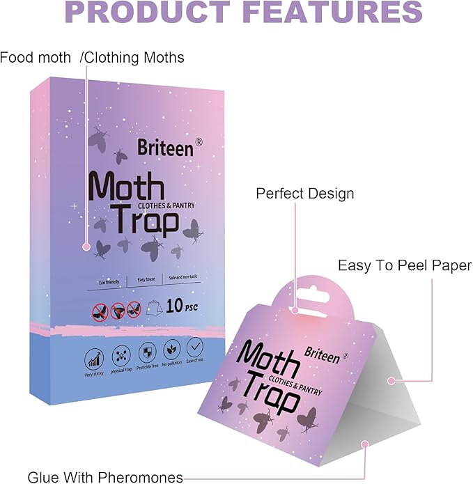 Pantry Moth Traps 10-Pack Safe and Effective for Food and Clothing- Glue Traps with Pheromones for Wool Closet Carpet Food and Cupboard K06