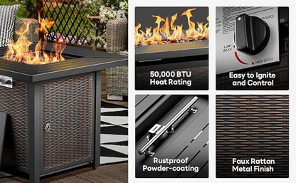 6 Pieces Patio Furniture Set with Fire Pit Table, Wicker Rattan Outdoor Furniture Set with Loveseat and Swivel Chairs for Yard, Deck, Garden, Light Beige Wicker/Blue Cushion