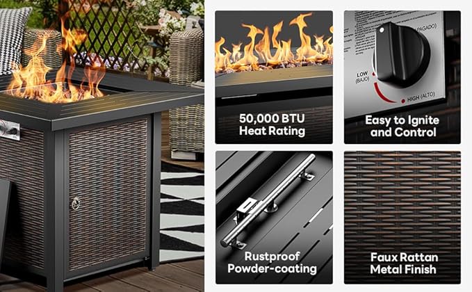 Wicker Outdoor Swivel Chairs Set of 4 with Fire Pit Table, 5 Pieces Patio Furniture Set with Fire Pit Table for Yard, Deck, Garden, Brown/Grey