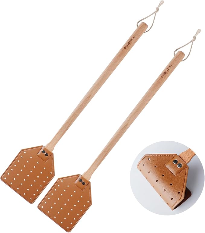Fly Swatter Set - 2 Pack Wooden Leather Fly Swatter with Hanging Rope, Heavy Duty Fly Swatter for Indoors and Outdoors (2 Brown)