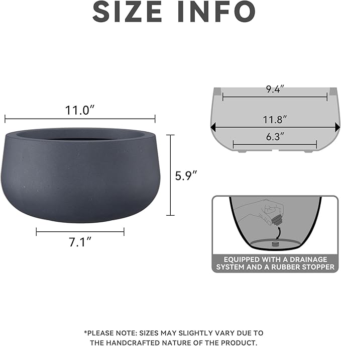 Kante 15.7" Dia Round Concrete Planter, Cement Plant Pots with Drainage Hole and Rubber Plug for Outdoor Indoor Garden Home, Modern Curvaceous Design, Dark Gray