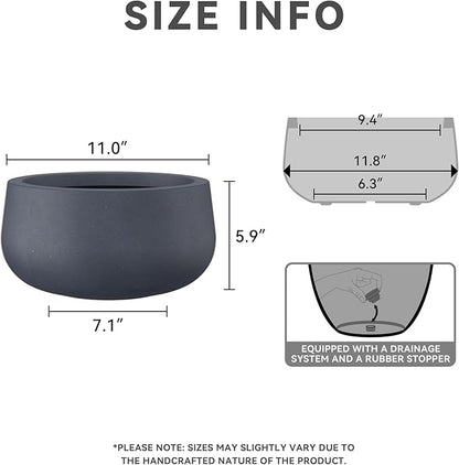 Kante 15.7" Dia Round Concrete Planter, Cement Plant Pots with Drainage Hole and Rubber Plug for Outdoor Indoor Garden Home, Modern Curvaceous Design, Dark Gray