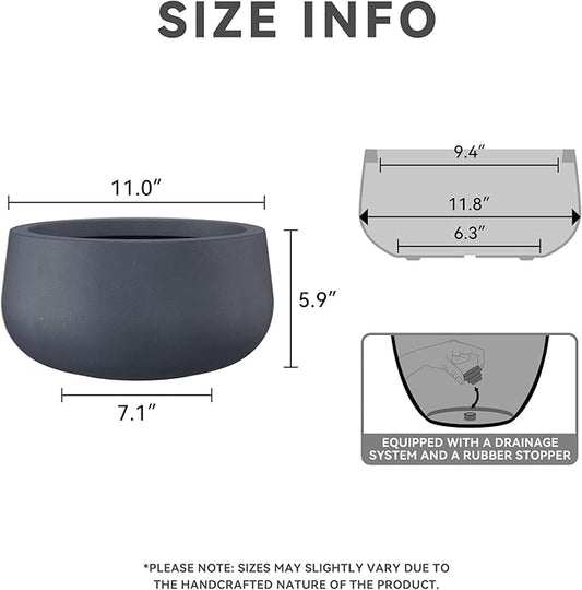 Kante 15.7" Dia Round Concrete Planter, Cement Plant Pots with Drainage Hole and Rubber Plug for Outdoor Indoor Garden Home, Modern Curvaceous Design, Dark Gray