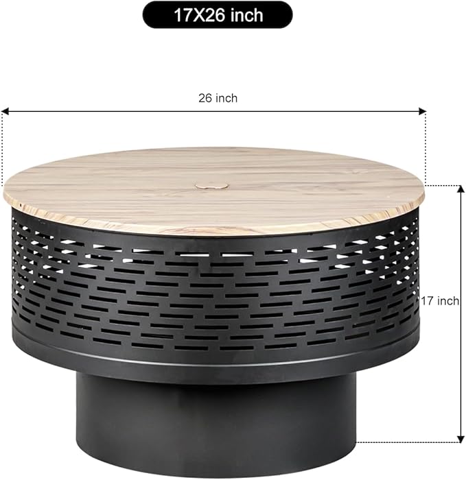 26" Wood Burning Fire Pits with Grill & Lid, Fire Pit Table for Outside with Waterproof Cover & Fire Poker, Outdoor Firepit with Functions for BBQ,Table and Bonfire