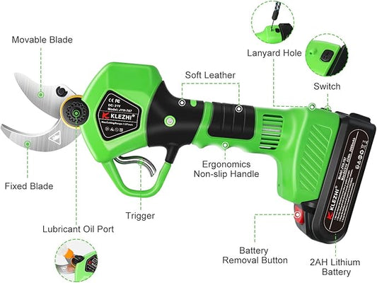 Cordless Electric Pruning Shears Battery Powered Tree Branch Pruner Cut Capacity of 40mm / 1.58inches, 2 x 2 Ah Lithium Rechargeable Battery 6-8 Working Hours Green