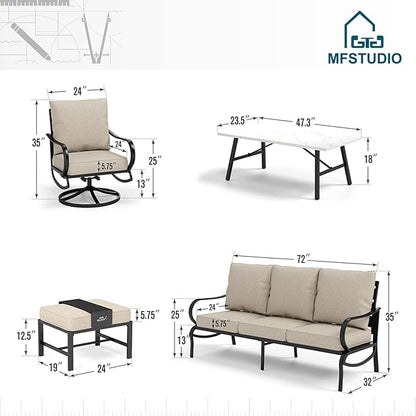 MFSTUDIO 6 Pieces Metal Patio Furniture Sets, 2 Swivel Chair, 1 Deep Seating 3-Seat Sofa, 2 Ottoman & 1 Marbling Coffee Table, All Weather 7 Seats Outdoor Conversation Set for Garden Backyard, Beige