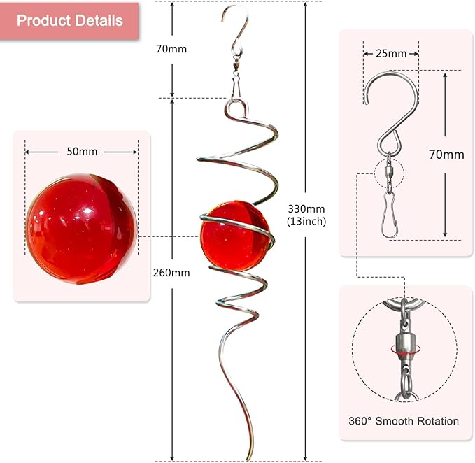 Gazing Ball Spiral Tail with Red Glass Orb, Wind Spinner Stabilizer, Spiral Wind Spinners Tail, Hanging Outdoor Garden Decor, Yard Art Ornament, Christmas Decoration, Sun Catcher 13inch