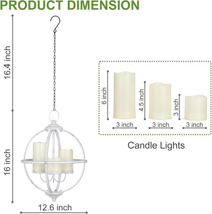 Battery Operated Outdoor Candle Chandelier - White Metal Globe Hanging Pendant Light with 3 Flameless Candles, 12.6" Waterproof Lights for Gazebo, Pergola, Garden, Porch & Backyard
