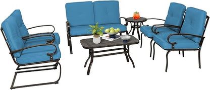 7-Piece Outdoor Metal Furniture Sets Patio Conversation Set, Wrought Iron Loveseat, 2 Dining Chairs, 2 Spring Chairs and Coffee Table, Peacock Blue