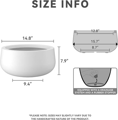 Kante 15.7" Dia Round Concrete Planter, Outdoor Indoor Garden Plant Pots with Drainage Hole and Rubber Plug, Modern Curvaceous Design, Pure White
