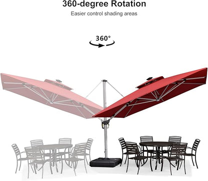 PURPLE LEAF 11 Feet Solar Powered LED Square Cantilever Umbrella With Base Patio Umbrellas Windproof Hanging Outdoor Umbrellas Offset Umbrella, Terra