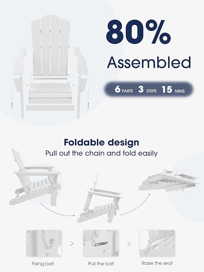 KINGYES Folding Adirondack Chair Set of 8, HDPE All-Weather Folding Adirondack Chair, White