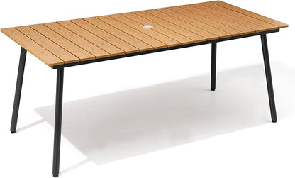 Outdoor Dining Table for 6, 70inch Patio Dining Table with Wooden-Like Top and Aluminum Frame, Rectangular Table with Umbrella Hole Outdoor Furniture, Brown