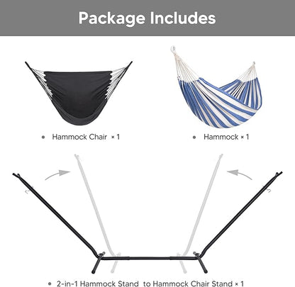 SUNCREAT 2-in-1 Convertible Free Standing Hammock with Stand Included, Camping Backyard Hammock with Stand, Patent Pending, Blue & White Stripe