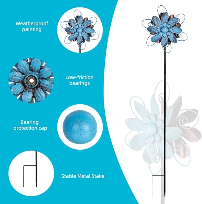 Wind Spinners Outdoor, Metal Flower Garden Pinwheels, Garden Wind Sculptures & Spinners for Yard Lawn Patio Decor - Blue