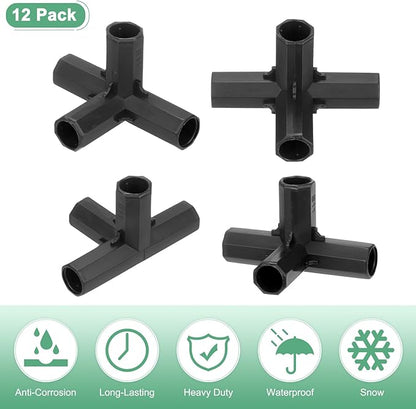 12 Pcs 11mm Greenhouse Frame Building Connectors, 4 Way Right Angle Pipe Fitting for Grape Trellis/Sunscreen Shed/Gardening Plant Stakes, Greenhouse Accessories [Black]