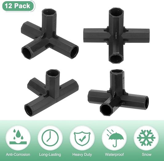 12 Pcs 11mm Greenhouse Frame Building Connectors, 4 Way Right Angle Pipe Fitting for Grape Trellis/Sunscreen Shed/Gardening Plant Stakes, Greenhouse Accessories [Black]