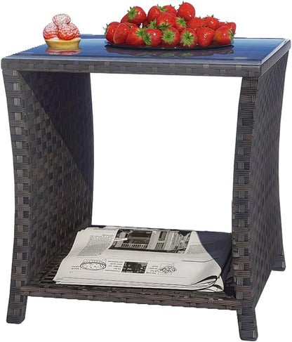 Outdoor Rattan Side Table, Modern Patio End Side Table with Glass Top and Storage Shelf, Wicker Side Table for Yard, Balcony, or Livingroom