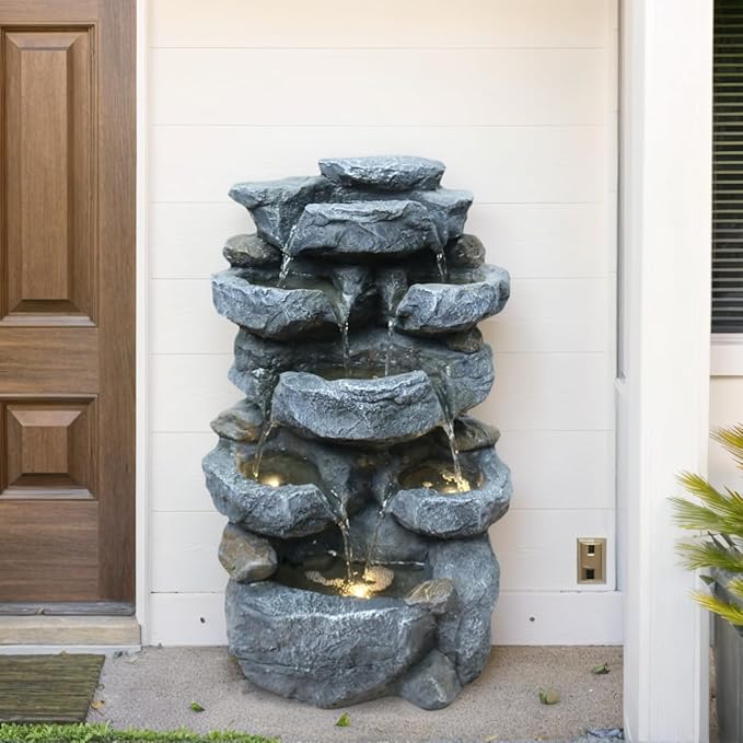Water Fountain with Lights Outdoor Garden Decor,5-Tier Cascading Rock Waterfall for Indoor Patio Backyard Porch Art Decoration 21.6 Inches