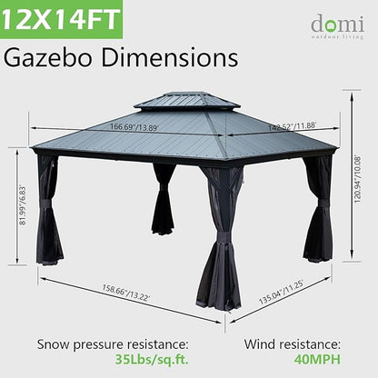 Domi 12’x14’ Outdoor Gazebo Hardtop with Gutters, Patio Gazebo Canopy with Resin & Metal Roof, Heavy Duty Permanent Pavilion for Backyard, Deck, Hot Tub, Garden, Curtains and Mosquito Netting Included