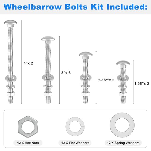 Wheelbarrow Handles Bolts Kit Replacement Wheelbarrow Rebuild 5/16 Stainless Carriage Nuts and Bolts Kit, Furniture Repair,Beds Sofa Table Chairs - 12 Pack