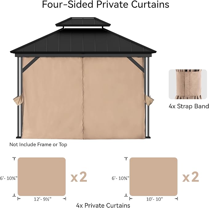 Gazebo Curtain Replacement Universal 4-Panel Sidewalls 11' x 13', Outdoor Gazebo Privacy Curtains with Zipper, Replacement for Outdoor, Patio Canopy, Garden and Backyard (Curtain Only)