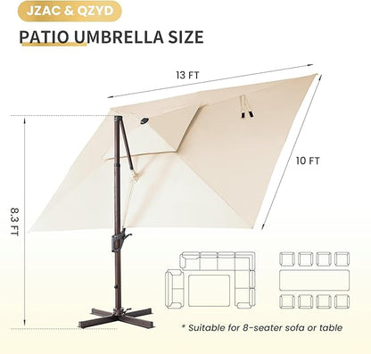 JZAC & QZYD 10 X 13 FT Cantilever Patio Umbrella Outdoor Rectangle Offset Large Double Top Heavy Duty Umbrellas with 360° Rotation for Pool Deck Backyard Garden, Beige