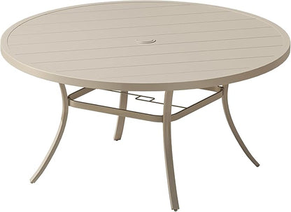 VICLLAX 60" Outdoor Round Patio Dining Table for 8-10, All Weather Metal Dining Table with Umbrella Hole for Deck Lawn Garden Backyard, Sandshell