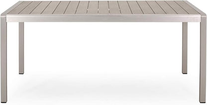 Great Deal Furniture Hannah Outdoor Modern Aluminum Dining Table with Faux Wood Table Top, Natural and Silver