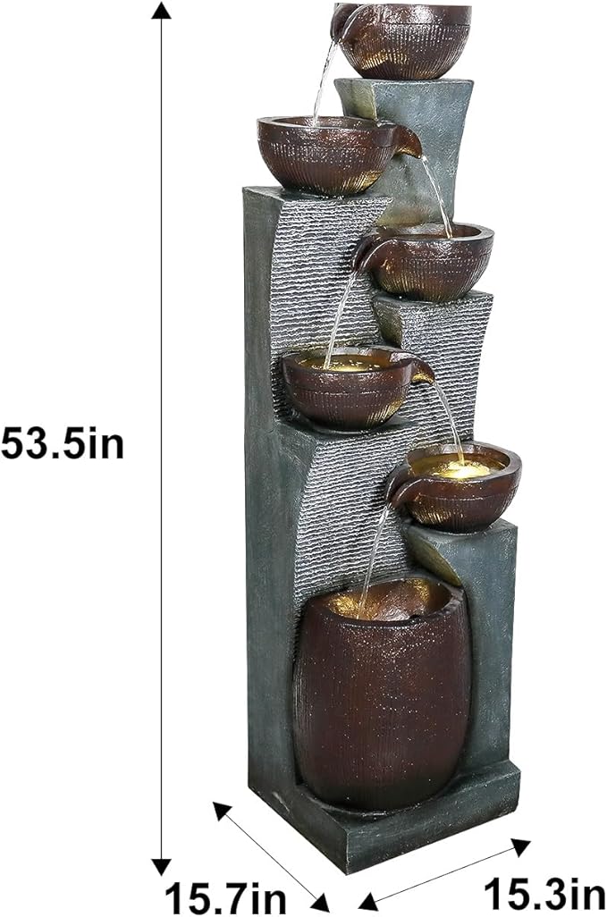 53.5” Tall 6-Tier Outdoor Water Fountain with LED Lights – Relaxing Cascading Resin Jar Waterfall for Garden, Patio, Backyard & Indoor Home Décor