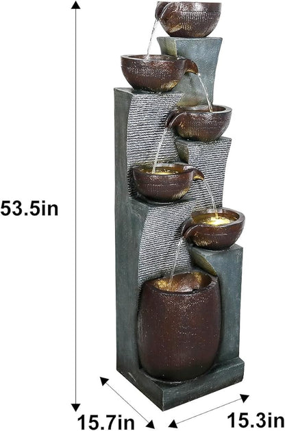 53.5” Tall 6-Tier Outdoor Water Fountain with LED Lights – Relaxing Cascading Resin Jar Waterfall for Garden, Patio, Backyard & Indoor Home Décor