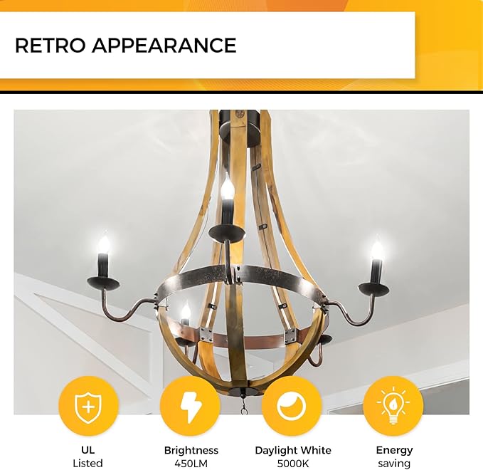 Hizashi E12 Candelabra Bulb 40 watt, 90+ CRI Dimmable Candelabra LED Bulbs, 4W 450LM 5000K Daylight White, E12 Bulb Flame Tip CA10 Candle Light Bulbs, UL Listed - 6 Pack