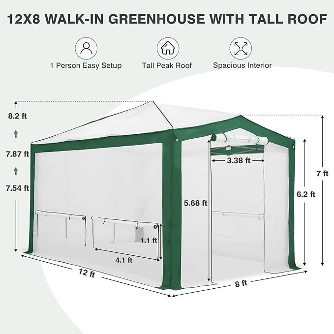 EAGLE PEAK 12x8 Portable Walk in Greenhouse with Polyester Reinforced Corners, Instant Pop up Indoor Outdoor Gardening Green House, Roll Up Zipper Doors Mesh Windows & Winter Support Pole, Green/White