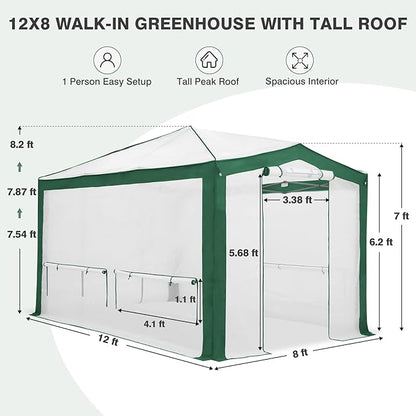 EAGLE PEAK 12x8 Portable Walk in Greenhouse with Polyester Reinforced Corners, Instant Pop up Indoor Outdoor Gardening Green House, Roll Up Zipper Doors Mesh Windows & Winter Support Pole, Green/White