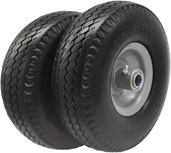 Flat Free 4.10/3.50-4 Tire with 3/4 & 5/8 Axle Bore, 3” Center Hub 10 inch Solid Tire Replacement for Hand Truck/Wagon/Garden Cart/Wheelbarrow/Dolly(Set of 2)