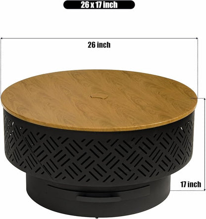 26" Wood Burning Fire Pits with Grill & Lid, Fire Pit Table for Outside with Waterproof Cover & Fire Poker, Outdoor Firepit with Functions for BBQ,Table and Bonfire
