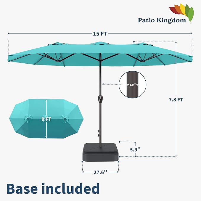 15FT Double Sided Patio Umbrella with Base Included Large Outdoor Market Umbrella with Crank Handle, UV Resistant Canopy, Sturdy Frame for Garden, Poolside, Deck, Aqua Blue