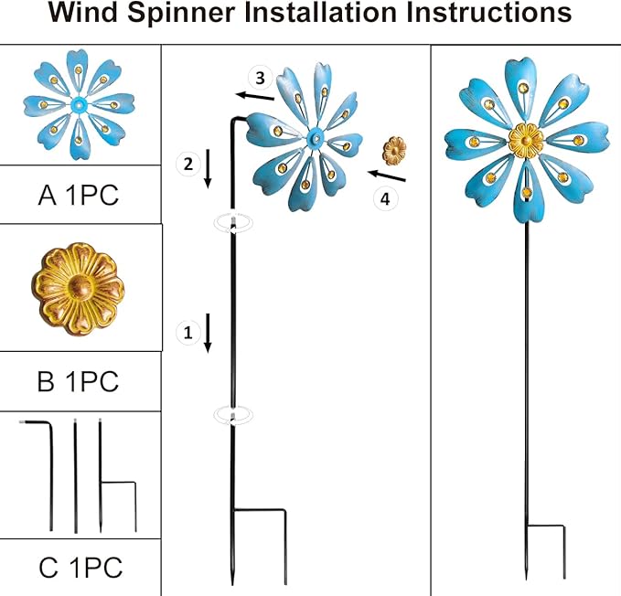 Flower Outdoor Metal Wind Spinner, Single-Layer Kinetic Garden Art with Vibrant Blue Finish - Weatherproof Wind Sculpture for Lawn, Patio, Yard Decor - 10''W x 36''H