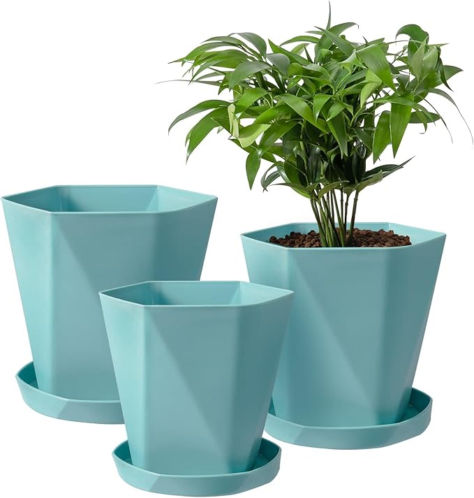 Sun-E Planters for Indoor Plants Flower Pots 7.6/6.5/5.1Inch Set of 3 Plant Pots for Outdoor with Drainage Holes and Saucers Modern Decorative Gift Idea (Ocean Blue)