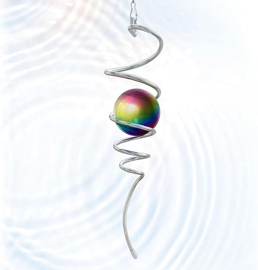 Gazing Ball Spiral Tail, Wind Spinner Stabilizer with Multi Color Sphere & Swivel Hook, Sun Catcher 11" Tail and 2" Stainless Steel Orb, Indoor Outdoor Garden Decor, Creative Gifts 13 inch