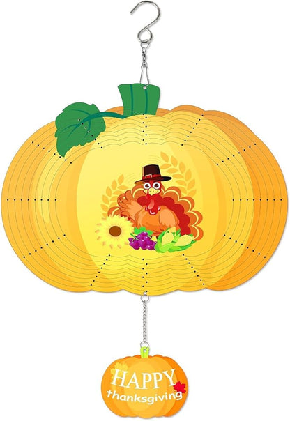 Thanksgiving Wind Spinners Fall Harvest Turkey Pumpkin Wind Spinner 3D Stainless Steel Hanging Wind Sculptures for Indoor Outdoor Yard Garden Decorations - 11.8 Inch