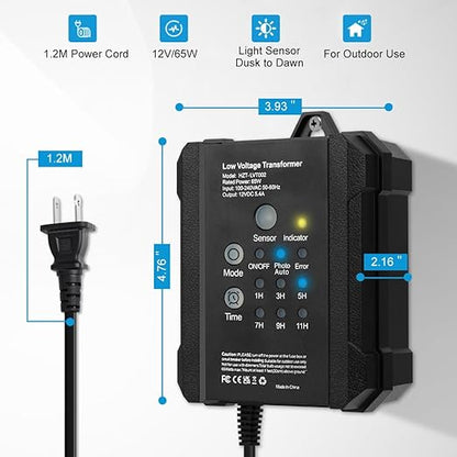 65W Low Voltage Landscape Transformer, RWUSNX Outdoor Landscape Lighting Transformer with Timer and Photocell Sensor, 120V AC to 12V DC Weatherproof for Spotlight, Garden Light, Pathway Light