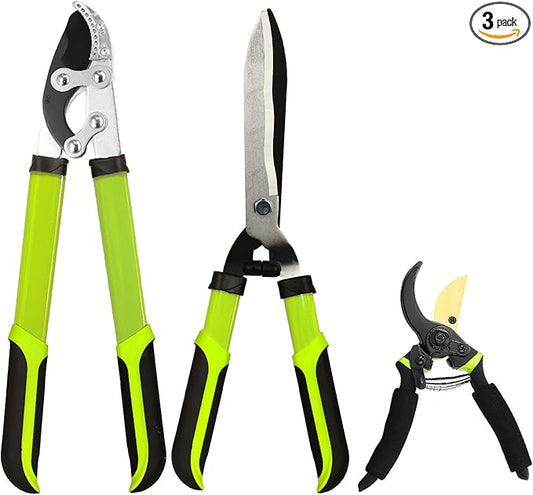 Loppers Hedge Clippers Garden Shears, 3PCS Yard Tools Combo Set Tree, Shrub & Bush Care Kit for Lawn Garden, Branch Cutter with Compound Action Tree Trimmer & Trimming Borders