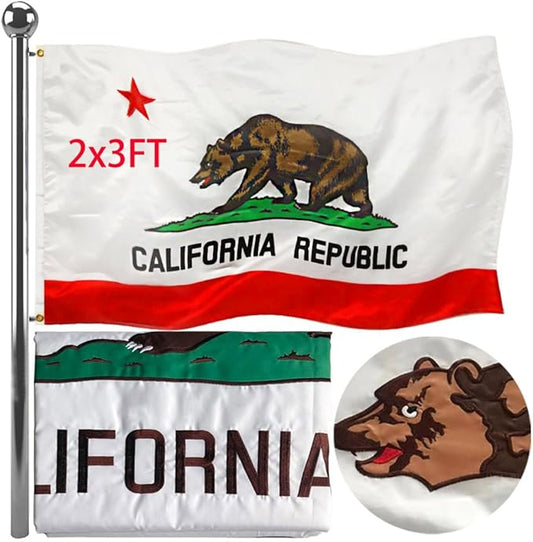 Jayus Double Sided Embroidered California Republic Sates Flags 2x3 FT Outdoor - 340D Heavy Duty Nylon Californian Cali CA Bear Flag Banner with 2 Grommets