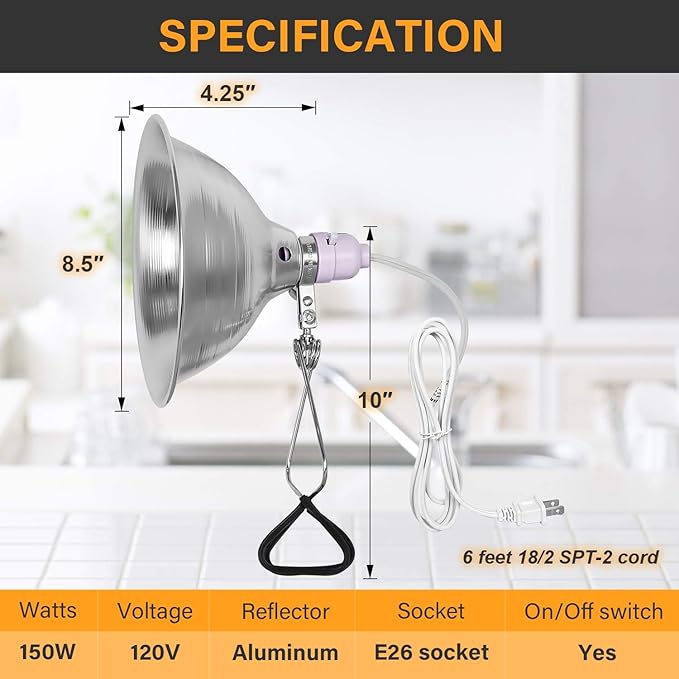 Simple Deluxe Clamp Lamp Light 150 Watt with 8.5 Inch Aluminum Reflector (no Bulb Included), 6 Feet Cord, 1 Pack, White
